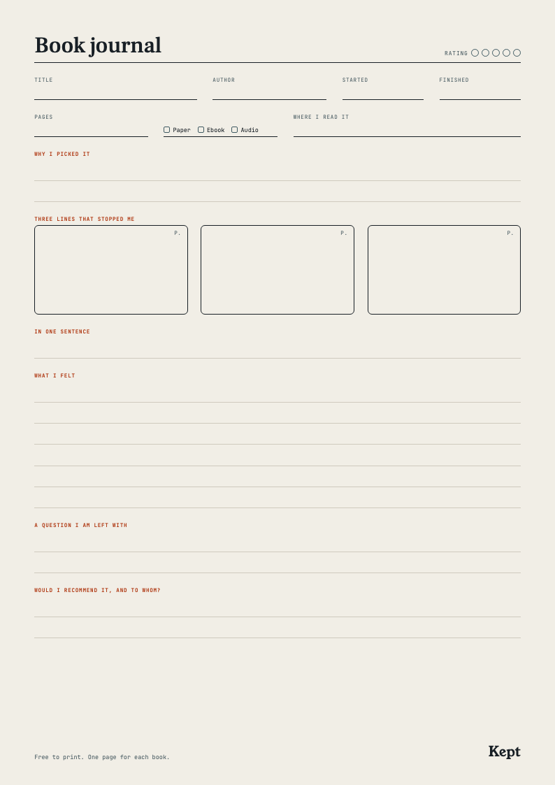 Preview of the free book journal page: title, rating, three lines that stopped me, and space to write what you felt